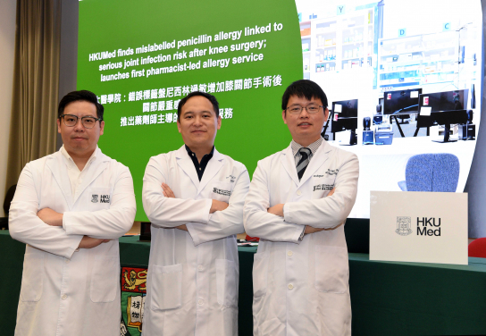 港大醫學院研究團隊發現，過敏標籤錯誤與膝關節手術後出現嚴重人工關節感染的風險有關。鑑於需求迫切，醫學院推出全新的藥劑師主導、以研究為本的盤尼西林過敏評估先導服務。研究團隊成員（右起）：傅俊謙醫生、李曦醫生及張文康醫生。
